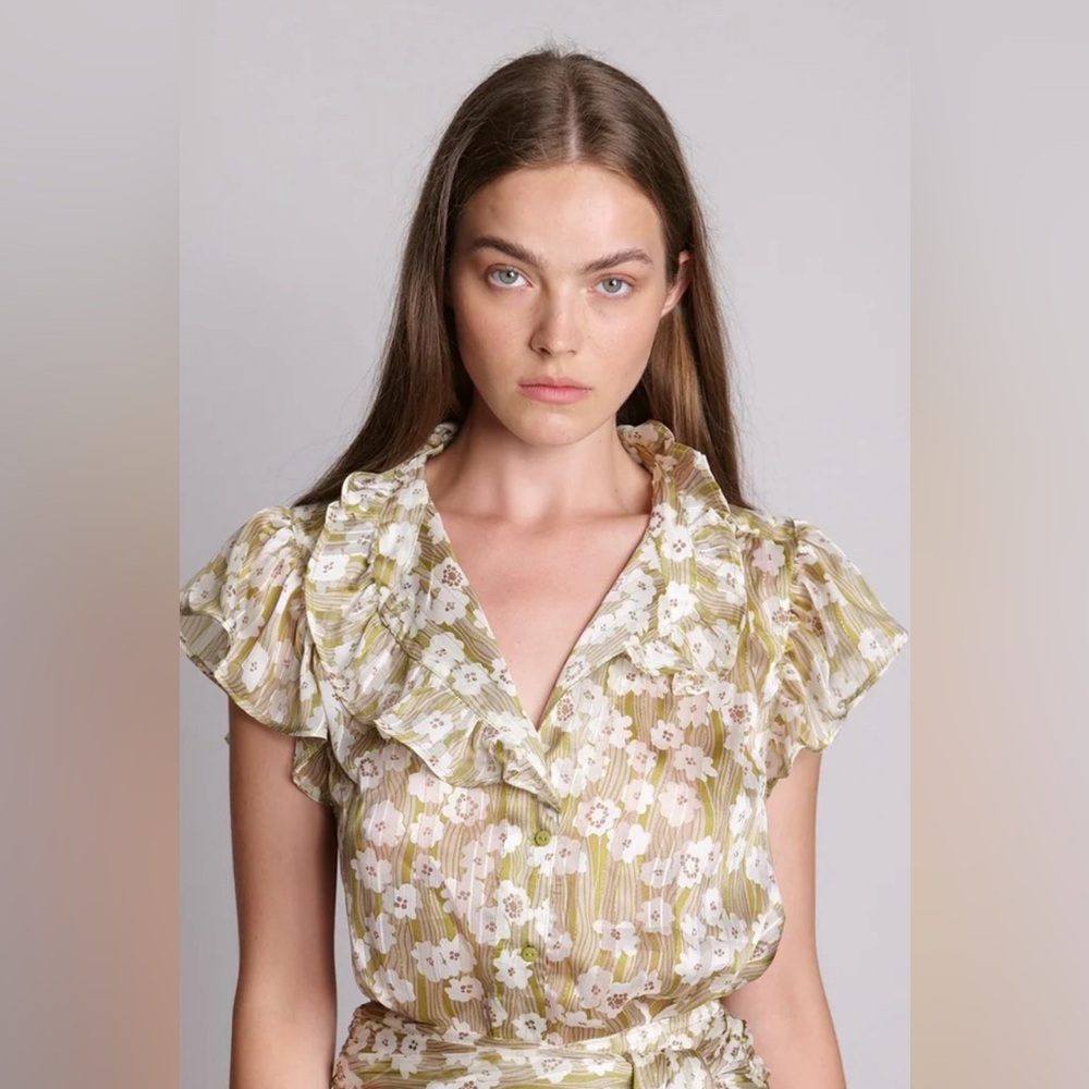 Sabina Musayev Floral Ruffle Blouse lime print Green and White size medium